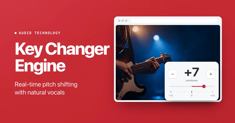 Key Changer Engine social preview: the text “Real-time pitch shifting with natural vocals” beside a browser window showing a guitarist on stage and the Key Changer pitch control set to +7 semitones.