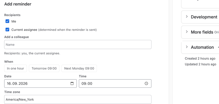 Add reminder form in the Jira issue with Me and Current assignee selected, quick dates, and date, time and time zone fields.