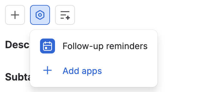 Jira issue toolbar with the Apps menu open and the Follow-up reminders entry marked with a blue calendar icon.