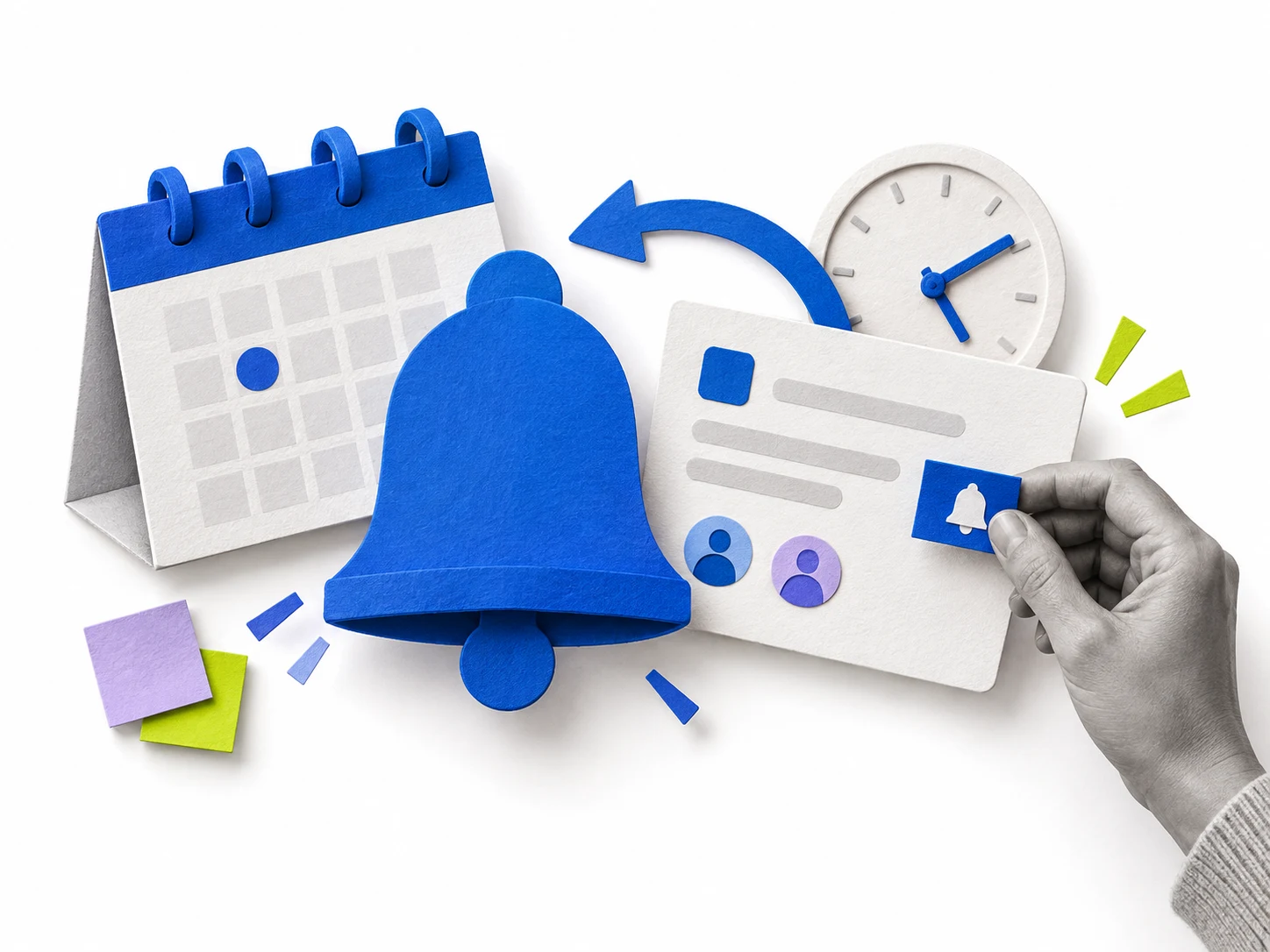 Paper calendar, blue reminder bell and an issue card with two teammates, joined by a return arrow.