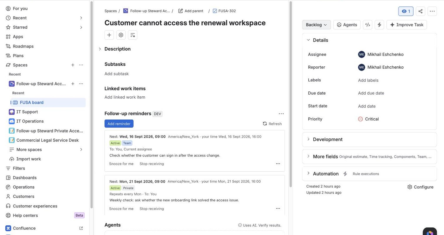Jira issue FUSA-302 with the Follow-up reminders panel: a weekly private reminder and a team reminder to you and the current assignee, each with Snooze for me, Stop receiving, Edit, Cancel reminder, Delete and History controls.