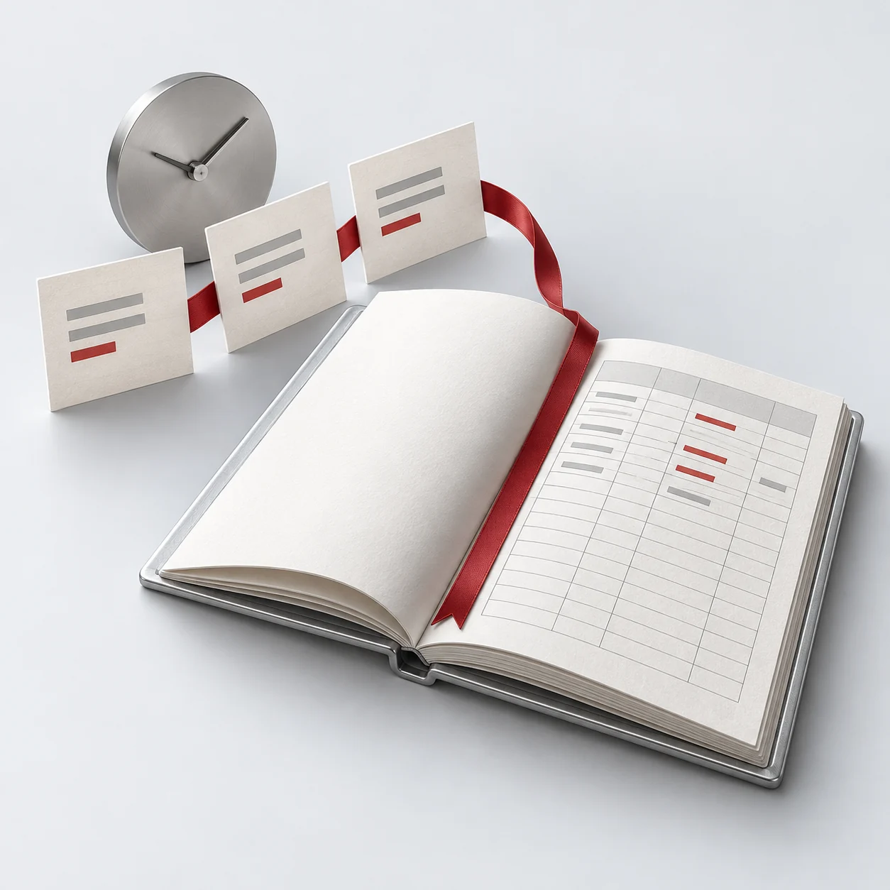 A red ribbon connects a sequence of change cards to an open ledger, with a silver clock behind them.