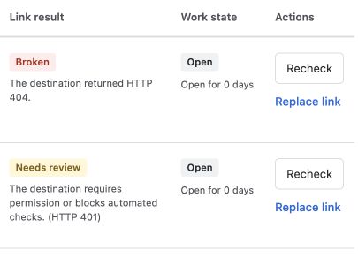 Link Steward’s result and work-state columns showing Broken for HTTP 404 and Needs review for HTTP 401.