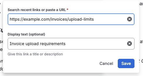 Confluence’s link editor showing the obsolete upload-requirements URL and its display text.