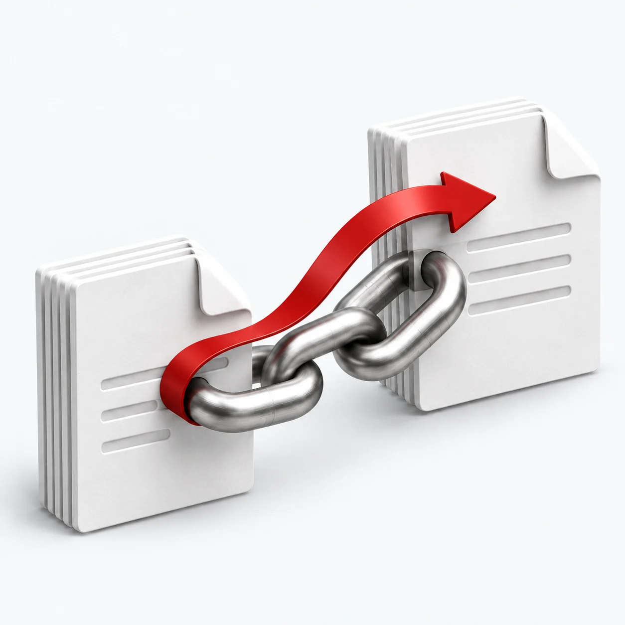 Two document stacks connected by silver chain links and a red arrow toward the new destination.
