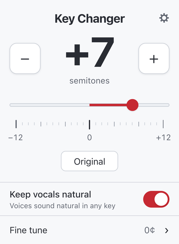 Key Changer popup set to +7 semitones, with minus and plus controls, a −12 to +12 pitch slider, an Original button, Keep vocals natural enabled, and Fine tune set to 0 cents.