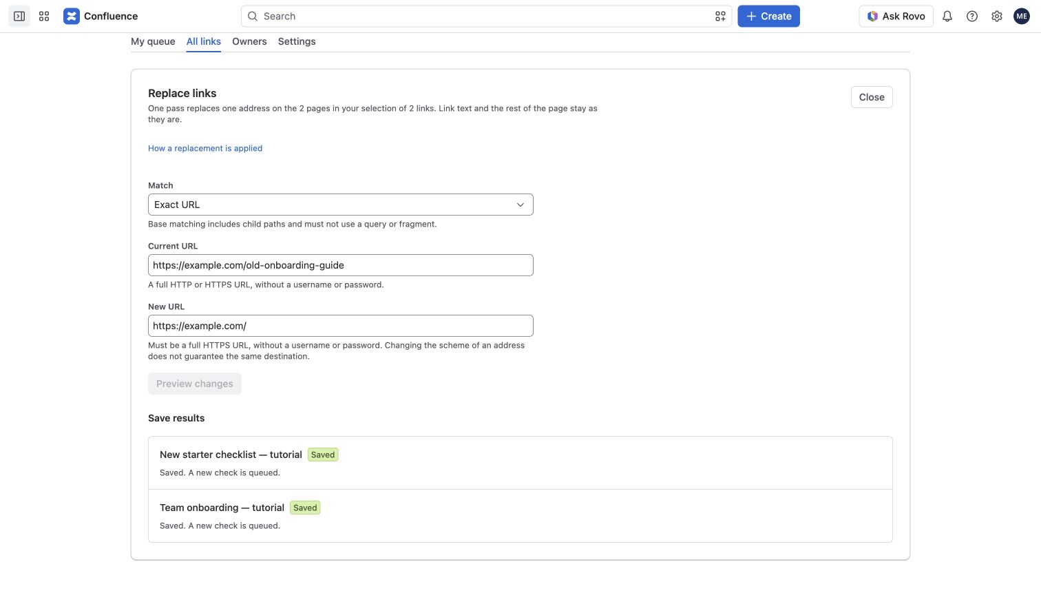 Wait for a result on every selected page in Link Steward, using sample Confluence pages.