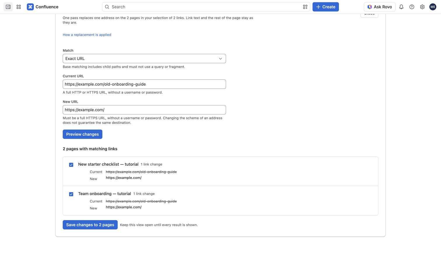 Review both source pages before publishing in Link Steward, using sample Confluence pages.