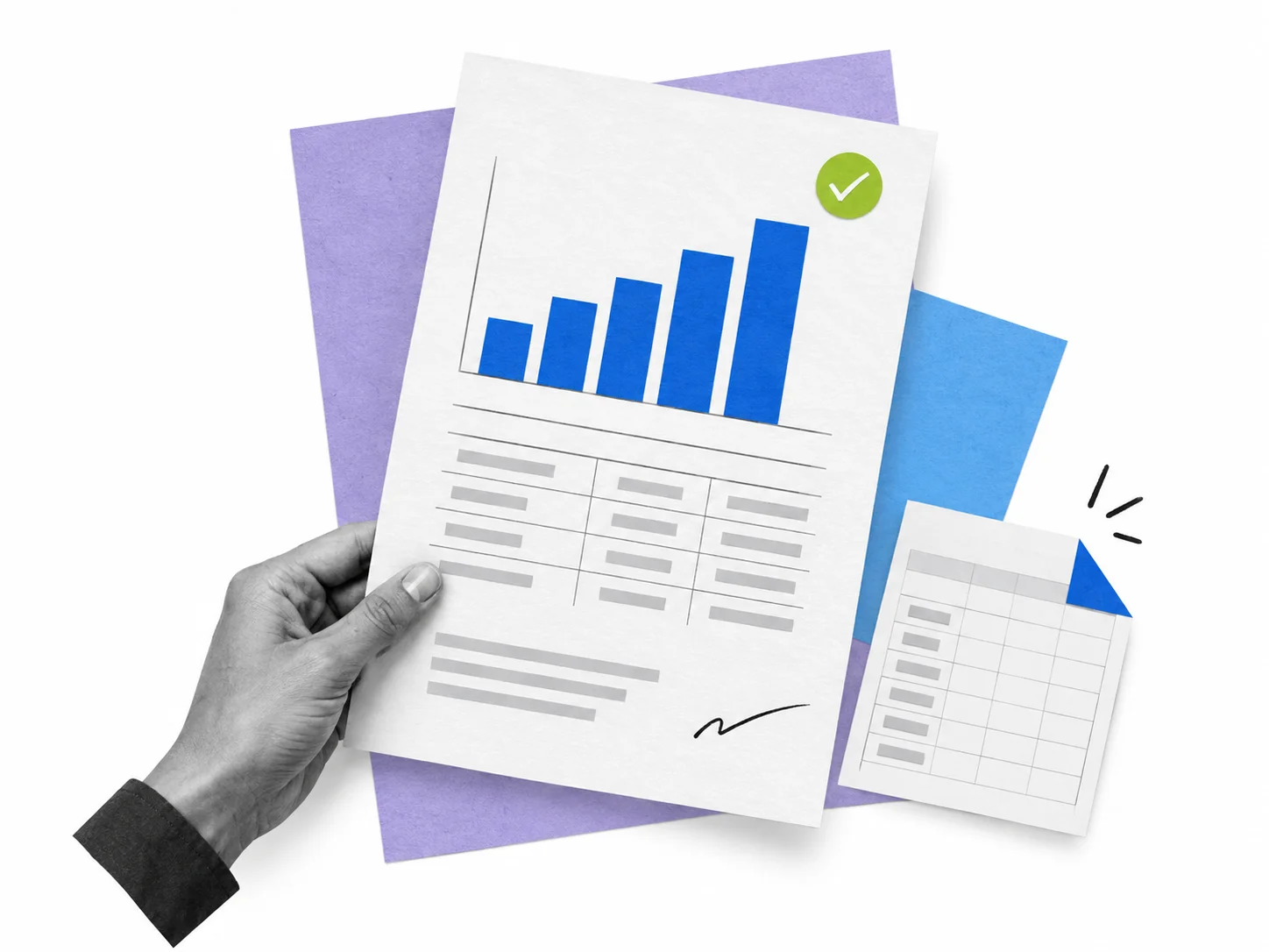 A hand reviews a paper service report beside its supporting spreadsheet.