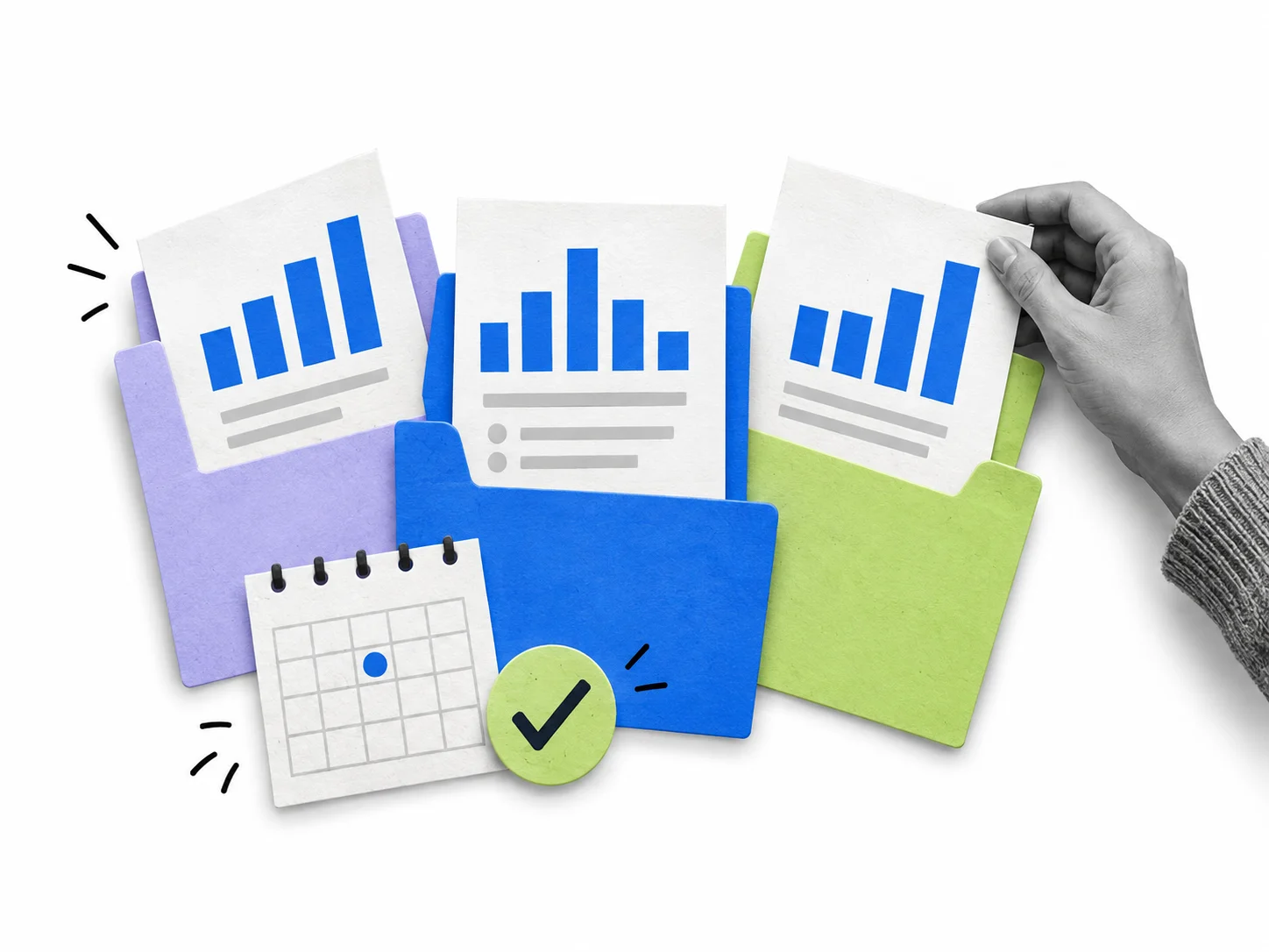 A hand arranges separate customer reports in colorful paper folders beside a monthly calendar.
